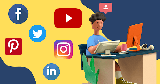 Banner image of a person working and alos logo of social media tools